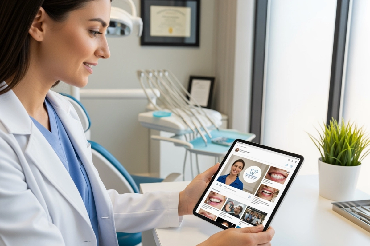 A female dentist in a white coat sits in a dental office, smiling and holding a tablet displaying dental photos and information—showcasing how social media dentists engage patients—with dental equipment and a plant in the background.