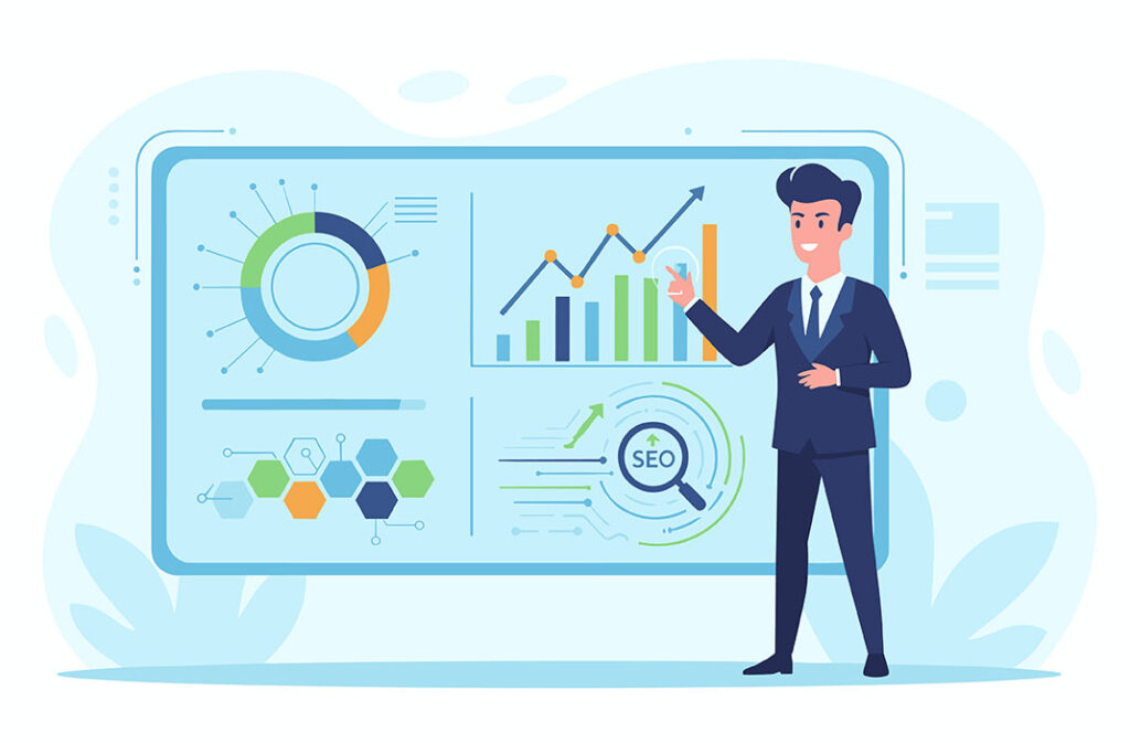 A businessperson in a suit stands beside a large digital screen displaying colorful charts, graphs, and a magnifying glass labeled SEO, suggesting data analysis and digital marketing.