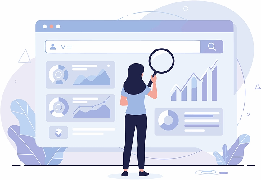 Illustration of a woman holding a magnifying glass and examining a large computer screen displaying charts, graphs, and data visualizations, suggesting data analysis or research.