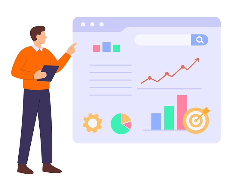 Illustration of a man holding a tablet, pointing at a large screen displaying charts, graphs, and data analytics, including bar graphs, a pie chart, a line graph, and a target symbol.