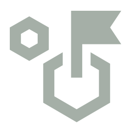 A gray icon with a hexagon on the left and a larger open hexagon on the bottom right, from which a flag on a pole is emerging upward. The image is on a light background.